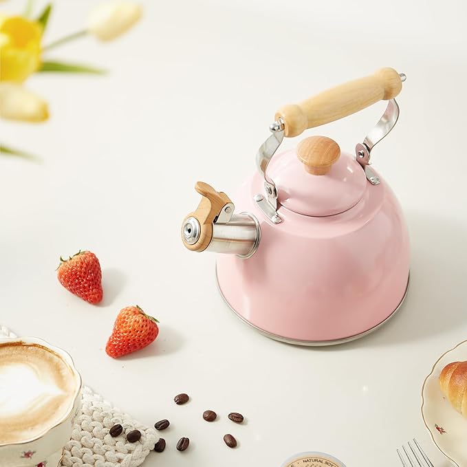 ROCKURWOK Tea Kettle, Tea Pot with Cool Touch Ergonomic Handle, Teapot Food Grade Stainless Steel, Tea Kettle Stovetop, Kettle Teapot, Whistling Tea Kettles, Small Tea Pot, 1.6 Quart (Pink) - Bloomnest