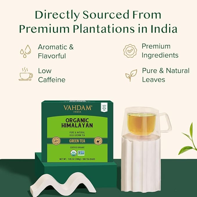 VAHDAM, Organic Himalayan Green Tea (100 Count) High Grown, Non GMO, Gluten Free, Low Caffeine | Earthy & Smooth | Resealable & Plant-Based Pyramid Tea Bags - Bloomnest