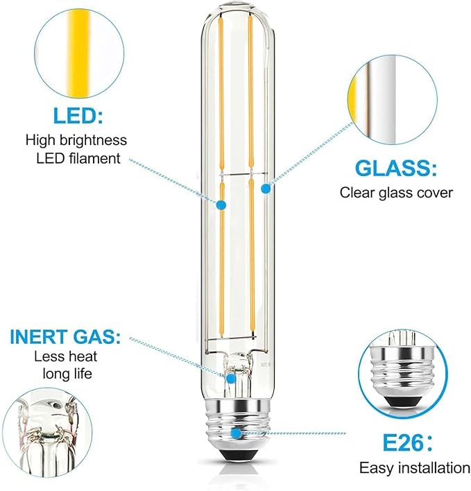7.3 Inch E26 Led Bulb 6W Dimmable, 6000K Cool White Edison Bulbs 800LM, Equal 80 Watt Tubular T10 T9 Long Clear Glass Light Bulb for Rustic Pendant Industrial Pipe Wall Sconces - 4Pack - Bloomnest