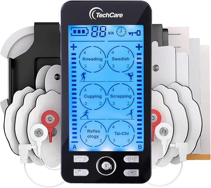 TechCare TENS EMS Muscle Stimulator – Dual Channel Rechargeable Unit with 24 Modes & 20 Intensity Levels for Pain Relief, Back & Sciatica Therapy, Muscle Recovery & Massage TechcareMassager