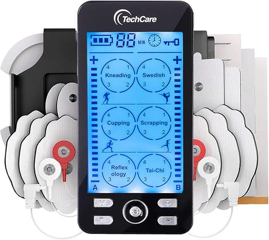 TechCare TENS EMS Muscle Stimulator – Dual Channel Rechargeable Unit with 24 Modes & 20 Intensity Levels for Pain Relief, Back & Sciatica Therapy, Muscle Recovery & Massage TechcareMassager