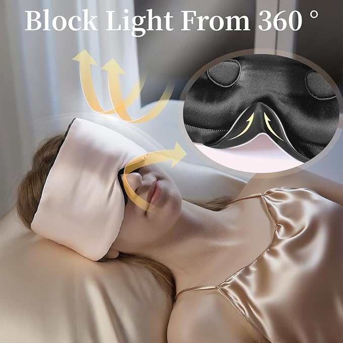 USlixury Silk Sleep Mask, 3D Contoured Sleeping Masks, Blackout Sleep Masks for Women with Nose Wing,100% Mulberry Silk, Face-Hugging Non-Slip SLEP Mask for Side Sleeper, 27.5x4.5'', Pink - Bloomnest