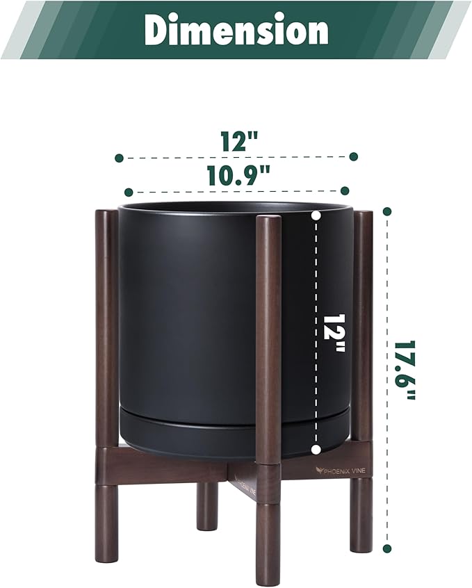 D'vine Dev Ceramic Planter with Walnut Color Stand - 12 Inch Modern Round Flower Pot with Wood Planter Holder, Black, 55-B-W-2 - Bloomnest