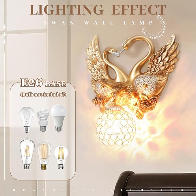 Vintage Swan Wall Sconce with Crystal Beaded Lampshade, Luxury Indoor Resin Animal Wall Sconce Light Creative Heart Shaped Wall Mount Light Fixtures for Bedroom Living Room Hallway Deco (Gold) - Bloomnest