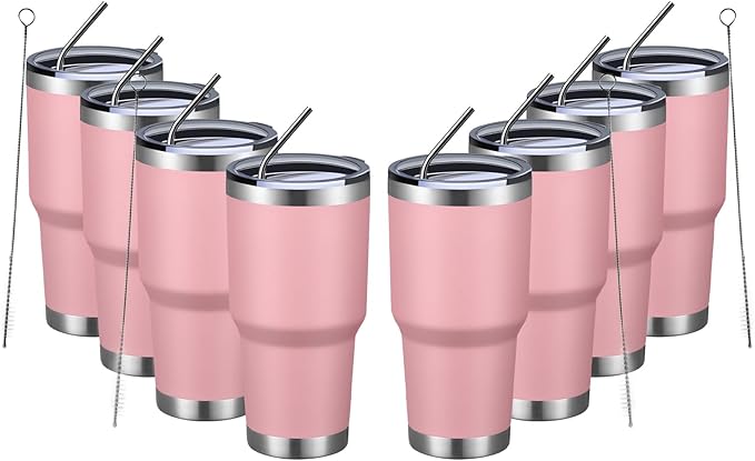 MEWAY 30oz Insulated Tumbler With Lids and Straws,Stainless Steel Double Vacuum Coffee Tumbler Cup, Brush, Durable Powder Coated Coffee Cup for Cold & Hot Drinks, Office, Travel(Pink,8 PACK) - Bloomnest