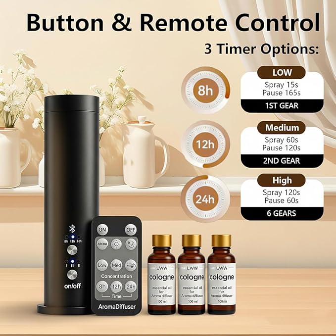 Waterless Essential Oil Diffuser for Home Large Room – 300m³ Coverage Aroma Scent Machine with Remote, 3 Intensity Levels & Timer, Quiet Operation; Ideal for Office & Spa Black (Includes 3×100ml Oils) - Bloomnest