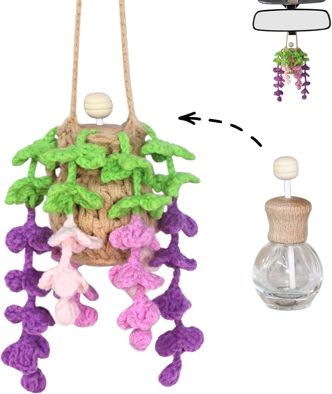 Handmade Crochet Hanging Car Air Freshener - Botanical Wisteria Blossom Design with 12ml Refillable Glass Essential Oil Bottle, Long-Lasting Car Diffuser & Nature-Inspired Decor - Bloomnest