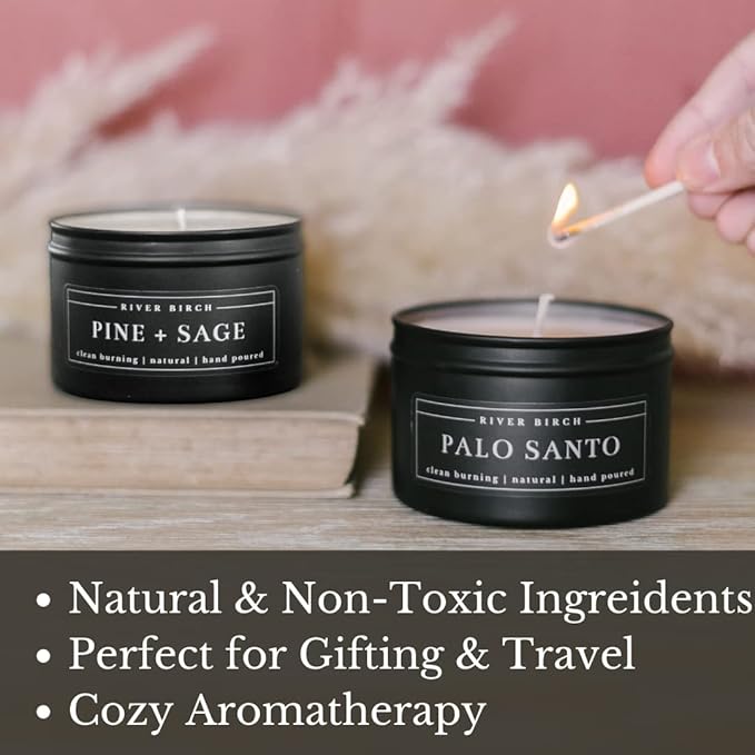 River Birch Candles Pine + Sage Scented Candle | Premium, All-Natural, Non-Toxic, Soy Candles | 8 oz. Black Matte Tin Travel Candle | Cozy Relaxing Gifts for Home - Bloomnest