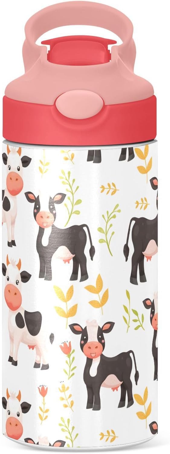 Cute Little Cow White Kids Insulated Water Bottle, Toddlers Tumbler Travel Cup with Straw & Handle Stainless Steel Cup for Travel School Girls 12 oz - Bloomnest