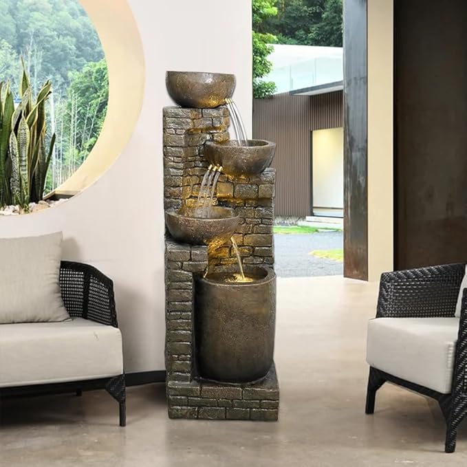 38.2 ''H Cascading Bowls and Stacked Stones with Led Lights Outdoor Water Fountain for Gardens, Landscaping, Balconies, Floor Patio,Backyard and Home Art Decor