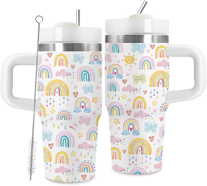 Gifts for Women, 14oz Rainbow Tumbler with Handle and Straw, Birthday Gifts for Rainbow Lover, Daughter, Sister, Gift for Her on Christmas Mothers Day - Bloomnest