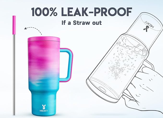Meoky 40 oz Tumbler with Handle and Straw, Tumbler with Lid and Straw, Insulated Stainless Steel Travel Mug, 100% Leak-proof, Keeps Cold for 34 Hours or Hot for 10 Hours (Marshmallow) - Bloomnest