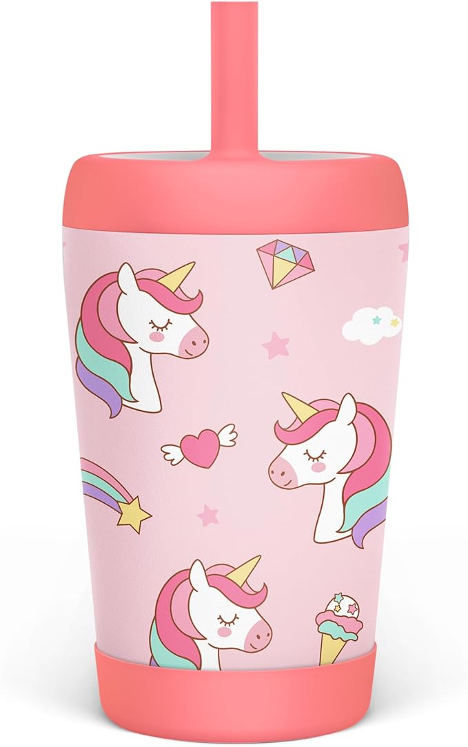 Kid Insulated Stainless Steel Tumbler with Silicone Straw, 12oz Sippy Cup for Kids (Dreamy Unicorn) - Bloomnest