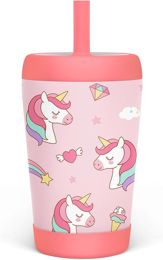 Kid Insulated Stainless Steel Tumbler with Silicone Straw, 12oz Sippy Cup for Kids (Dreamy Unicorn) - Bloomnest