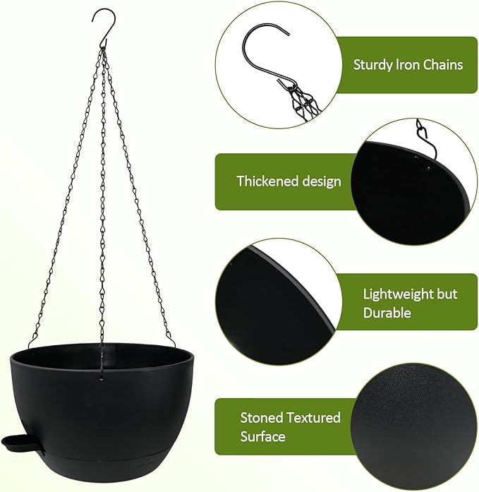 WOUSIWER Self Watering Hanging Planters, 2 Pack 12'' Plastic Pots with Drainage Holes & Reservoir Tray (Black) | Indoor & Outdoor Use for Ferns, Ivy, Herbs, Succulents - Bloomnest
