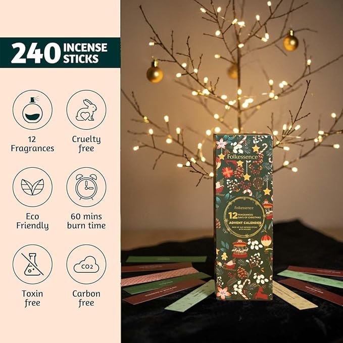 Folkulture Christmas Advent Calendar 2025 - Incense Sticks | Pack of 240 Organic Incense | Non-Toxic, Slow Burning Insense for Gifts for Women | Holiday Scented Calendars - Bloomnest