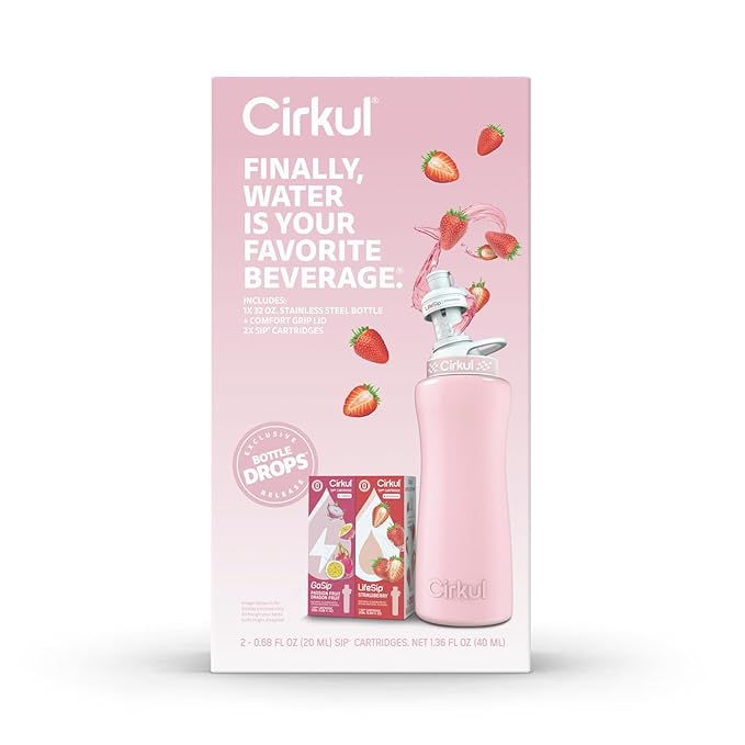 Cirkul 32oz. Blush Pink Stainless Steel Water Bottle Starter Kit with Pink Lid and 2 Flavor Cartridges (1 LifeSip Strawberry, 1 GoSip Passion Fruit Dragon Fruit) No Sugar, Zero Calorie Drink Mix Cirkul