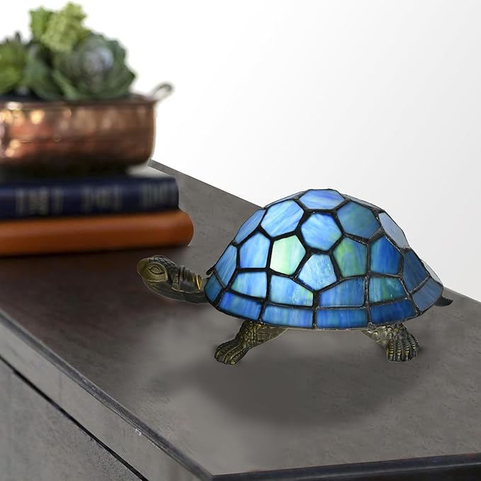 A0020 Turtle Tiffany Style Accent Table Lamp Handmade Stained Glass Animal Night Light for Bedside Livingroom Bedroom Home Decoration (Blue Turtle) - Bloomnest