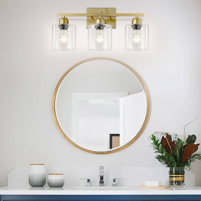 Modern Brushed Gold 3 Light Bathroom Light Fixtures, 19 inch Vanity Lights for Bathroom with Clear Glass for Mirror Kitchen Living Room Hallway Cabinet Porch - Bloomnest