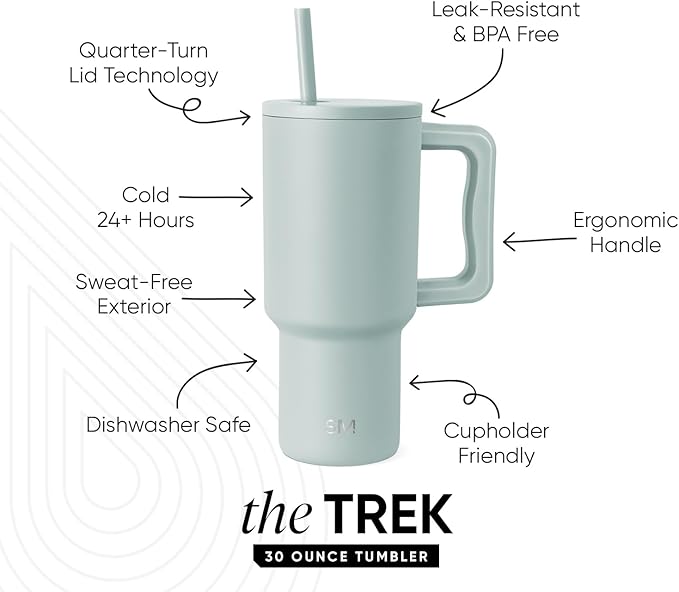 Simple Modern 30 oz Trek Tumbler with Handle and Straw Lid | Cup Holder Friendly Insulated Stainless Steel Travel Mug | Sea Glass Sage SimpleModern