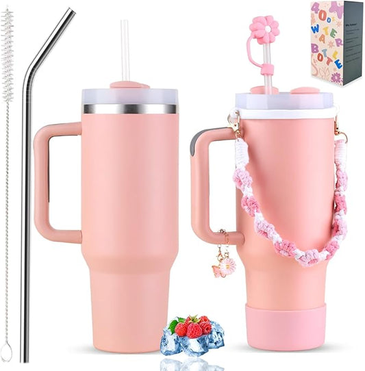 40 oz Tumbler Insulated Mug w/Straw & Flip Cap Lids - Cup Holder Bottle with 6 Accessories Set for Hot, Cold Drink - Leak-Proof - Water, Coffee Portable Travel Mug (Coral) - Bloomnest