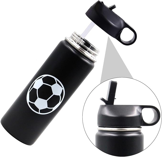 18 oz Soccer Water Bottle with Straw, Sports Flask Metal Travel Tumbler with 2 Lids, BPA Free Stainless Steel Double Wall Vacuum Insulated Leak Proof Thermo Water Bottles, Soccer Gifts for Boys Girls - Bloomnest