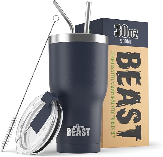 Beast 30 oz Tumbler Stainless Steel Vacuum Insulated Coffee Ice Cup Double Wall Travel Flask (Navy Blue) - Bloomnest