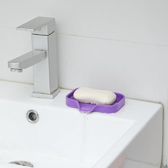 Silicone Bathroom Soap Dishes with Drain Spout-Bathroom and Kitchen Sink Organizer,Sponge Holder,Dish Soap Tray,Perfect for Dispenser,Scrubber,Bottle,Cup on Sink or Counter-Purple 4.9"×3.2" - Bloomnest