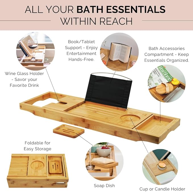 Foldable Bathtub Tray Caddy - Expandable Bath Tray for Tub | Secure, Non-Slip Bathtub Caddy for Tub for Bath Accessories, Self Care Home Spa Gift Set, Relaxing Gifts for Women, New Moms, House Warming - Bloomnest