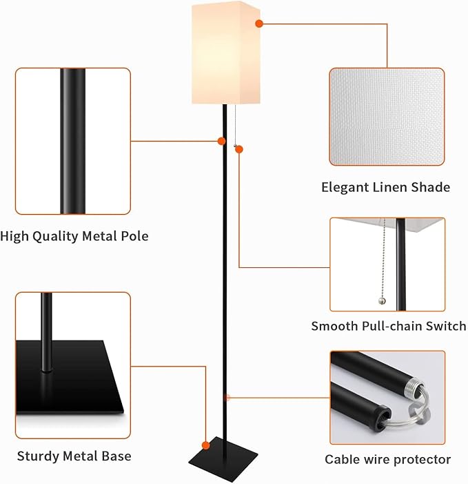 Floor Lamp for Living Room, Modern Standing Lamp for Bedroom with Linen Shade, Black Corner Floor Lamp for Office Kids Room, Bulb Included - Bloomnest