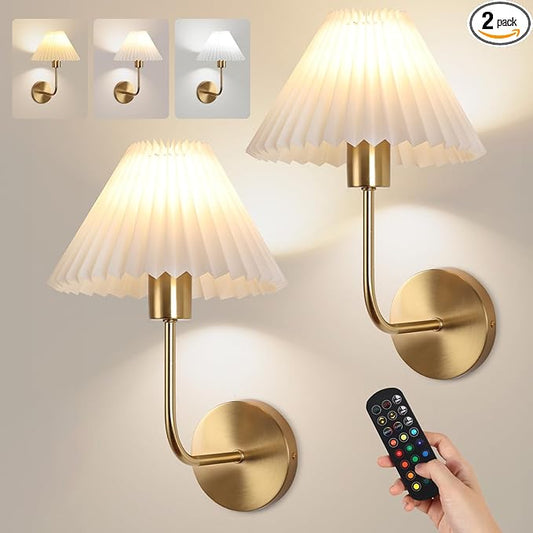 Wireless Wall Sconce Sets of 2, Pleated Shades Rechargeable Battery Operated Wall Sconce, Retro Industrial Gold Wall Lights Bathroom Vanity Sconces, Wall Mounted Lamps for Bedroom Living Room Kitchen - Bloomnest