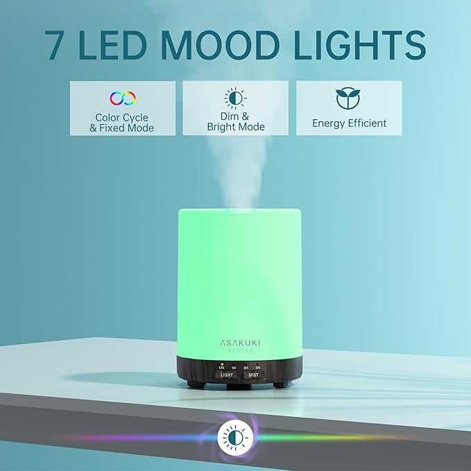 ASAKUKI 300ML Essential Oil Diffuser, Quiet 5-in-1 Premium Humidifier, Home Fragrance Aroma Diffuser with 7 LED Color Changing Light and Auto-Off Switch -Dark Brown - Bloomnest