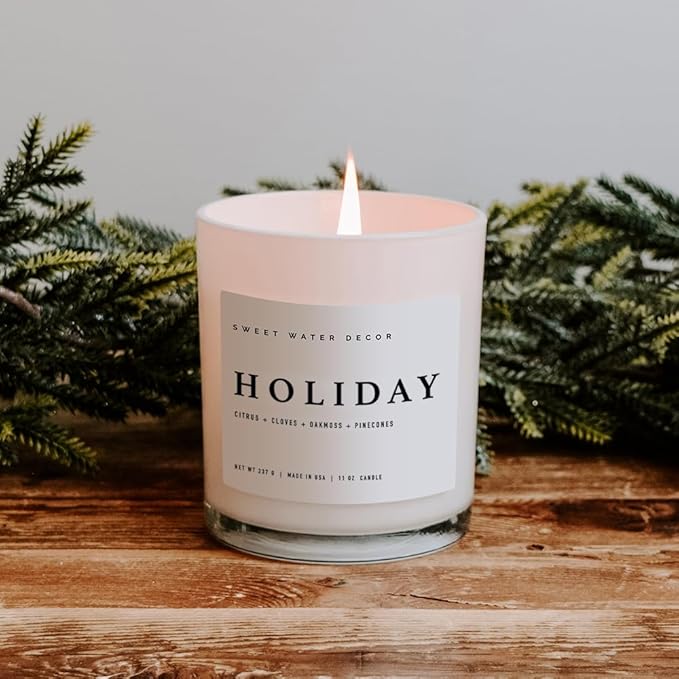 Sweet Water Decor Holiday Soy Candle - Citrus, Cloves, Black Dahlia Petals, Pine Cones and Oakmoss Holiday Scented Candles for Home - 11oz White Jar + Wood Lid, 50+ Hour Burn Time, Made in The USA - Bloomnest