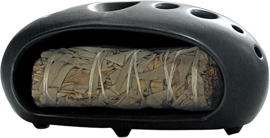 3 in 1 Palo Santo Holder for Sage Bundles Cone Incense, Handcrafted Ceramic Incense Burner Holder Ash Catcher with Chimney, Smudge Bowl for Yoga Meditation Home Decor (Multi - Porous Black) GRAMSTORMAX