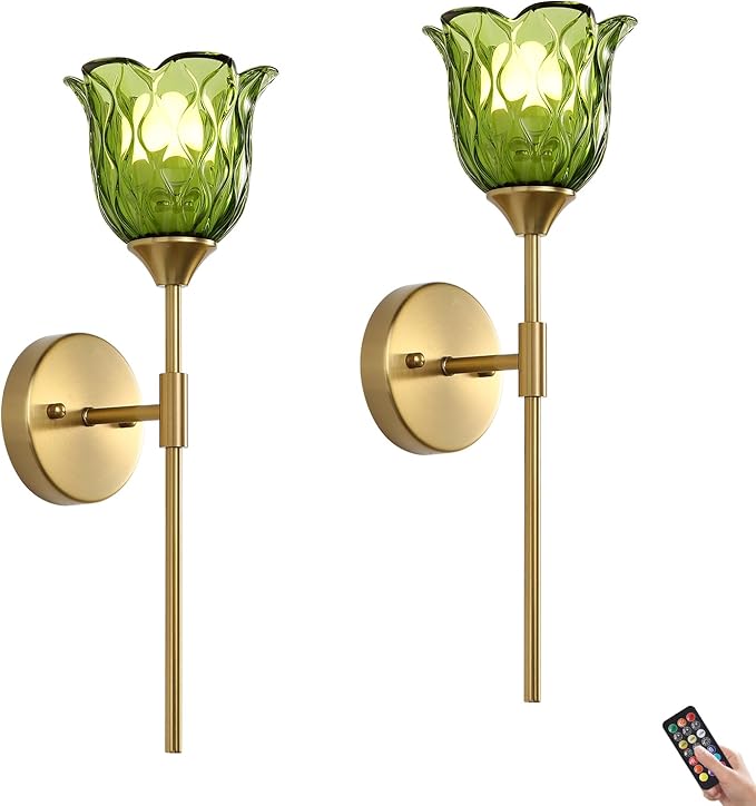 2 Pack Vintage Battery Operated Wall Sconce with Green Glass Lampshade, Wireless Rechargeable Battery Powered RGB Wall Light with Remote Control, for Bedside Bedroom Doorway - Bloomnest