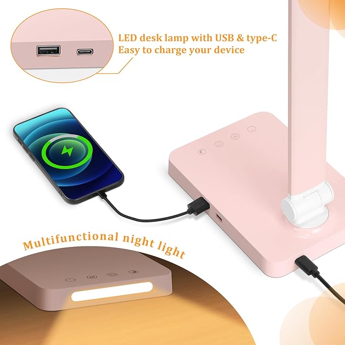 LED Desk Lamp with USB Ports,Touch Desk Lamps for Home Office with 5 Color Modes,3 Brightness Desk Light with Small Night Light,Reading Lamp Table Lamp for Bedroom Bedside Study Pink （with adapter） - Bloomnest