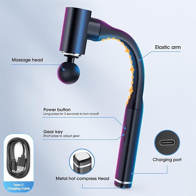 Massage Gun with Upgraded Extension Handle, Back and Neck Massage for Pain Relief, 12MM Portable Muscle Pain Relief for Back, Neck, Waist, 4 Massage Heads & 5 Speed Levels - Bloomnest