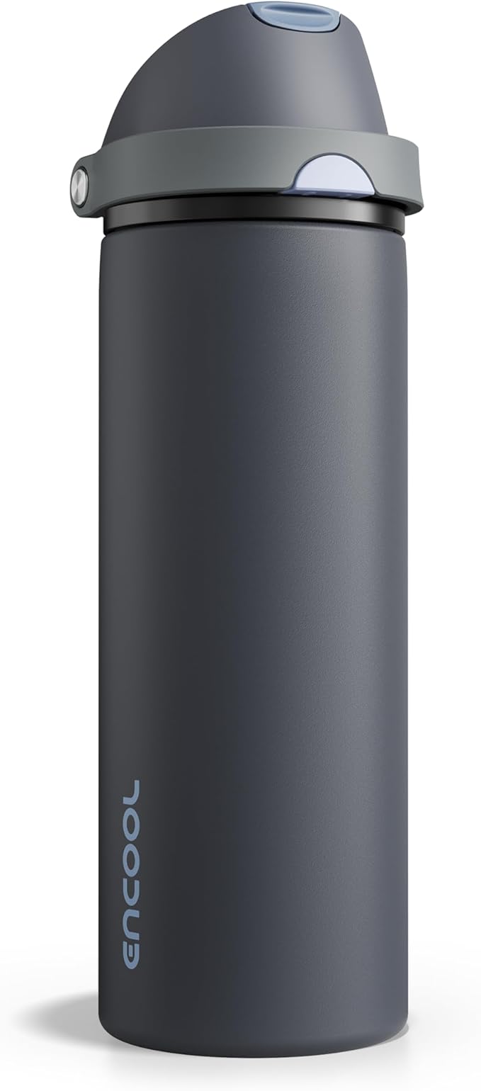 Insulated Water Bottle with Straw - Encool Stainless Steel Water Bottle with Push Button Lid, Leak-Proof & BPA-Free, Keeps Cold for 24 Hours for Sports, Travel, Gym (24 oz, Tuna Grey-Silver) ENCOOL