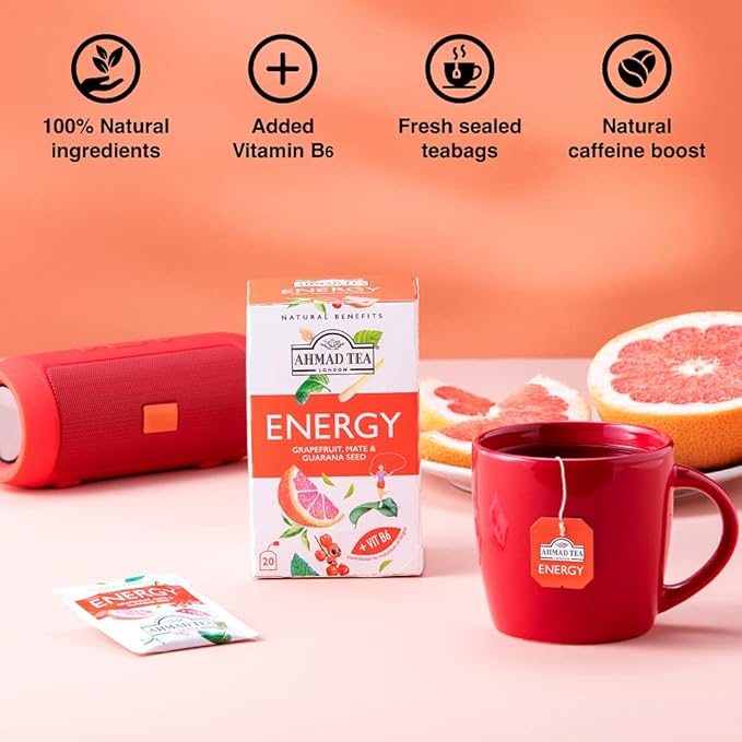 Ahmad Tea Herbal Tea, Grapefruit, Mate, Guarana Seed, & Vitamin B6 'Energy' Natural Benefits Teabags, 20 ct (Pack of 1) - Caffeinated & Sugar-Free - Bloomnest
