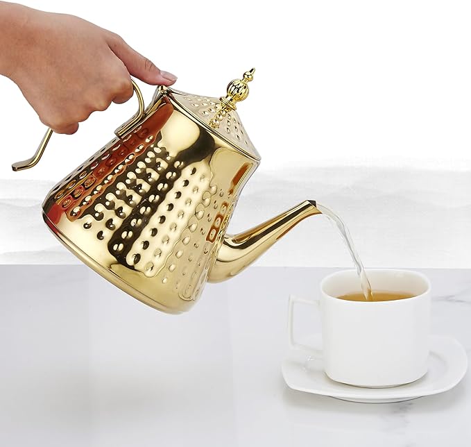 SANQIAHOME 1.2L(40oz) Stainless Steel Hammer Patterned Teapot With Removeable Infuser,Loose leaf cover,Gold - Bloomnest
