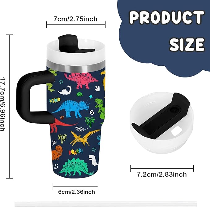 Dinosaur Tumbler Gifts, 14oz Dinosaur Themed Tumbler with Handle and Straw, Stainless Steel Double Wall Vacuum Insulated Cup Keep Hot Cold - 14oz Travel Mug with Lid Tumblers for Home Work Outdoor Use - Bloomnest