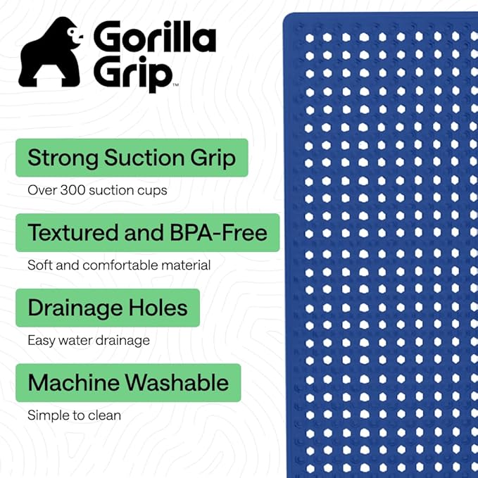 GORILLA GRIP Patented Bath Tub Shower Mat, Machine Washable Bathtub Floor Liner Mats, Suction Cups and Drain Holes to Keep Tubs Clean, Soft on Feet, Bathroom Essentials, 35x16 Inch, Royal Blue Opaque - Bloomnest