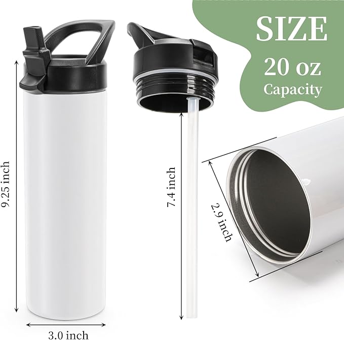 4 Pack Sublimation Water Bottle Blanks, 20 Oz Sublimation Tumblers with Handle Straw Lid, Insulated Stainless Steel Sports Skinny Straight Blank Tumbler Cup for Heat Press Sublimations Print - Bloomnest