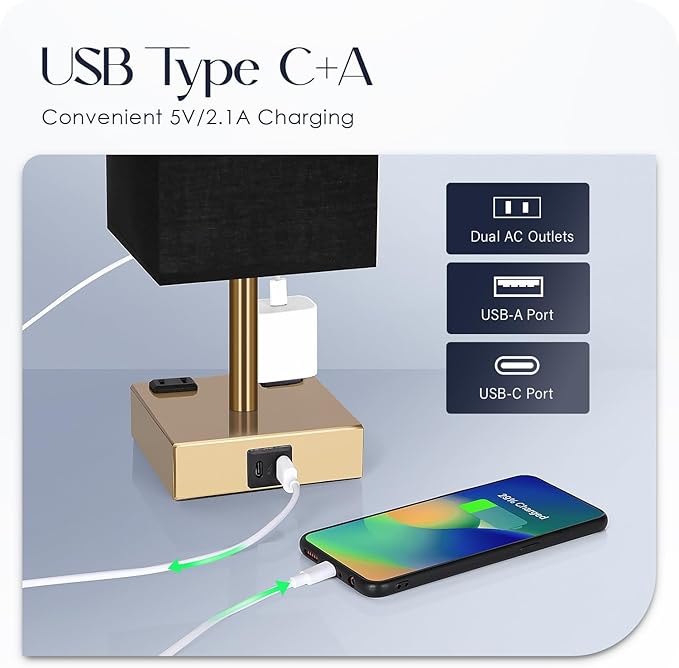 Bedside Lamp with USB Ports - Touch Control Table Lamp for Bedroom with USB C+A Charging Ports & AC Outlets, 3 Way Dimmable Nightstand Light for Living Room (LED Bulb Included, Brass - Black) - Bloomnest
