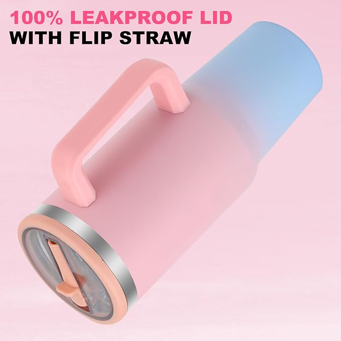 40 oz Tumbler with Handle and Flip Straw Lid, Vacuum Insulated Leak Proof Double Walled Stainless Steel Travel Mug Tumblers, Maintains Cold Ice and Heat for Hours(Pink Blue Gradient) - Bloomnest