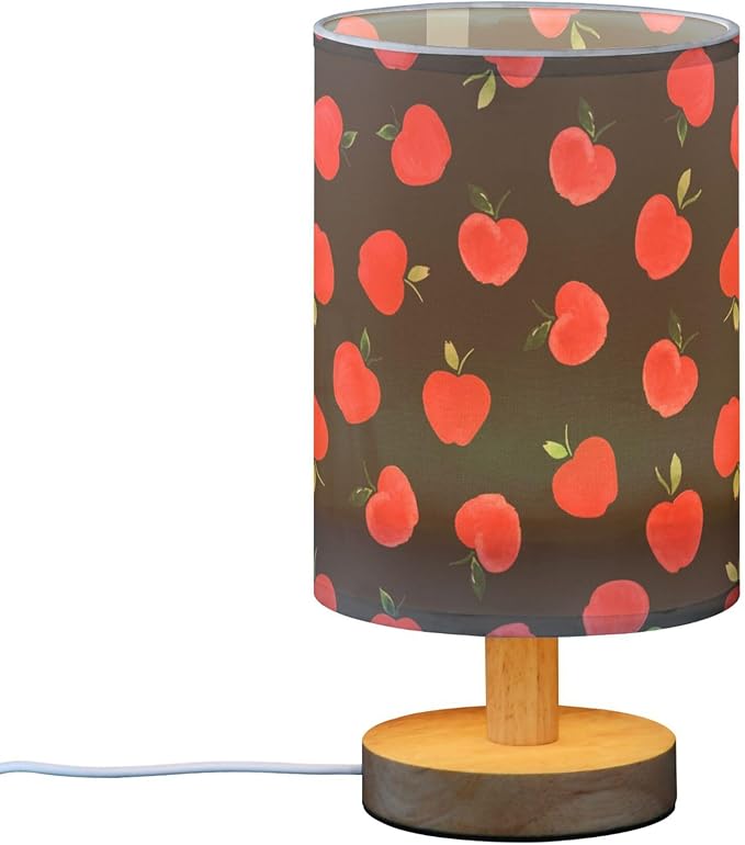 Table Lamp Watercolor Red Apple Pattern Black Nightstand Lamp with Wood Base Fabric Lamp Shade Bedside Desk Lamp for Living Room Bedroom Kids Room Office - Bloomnest