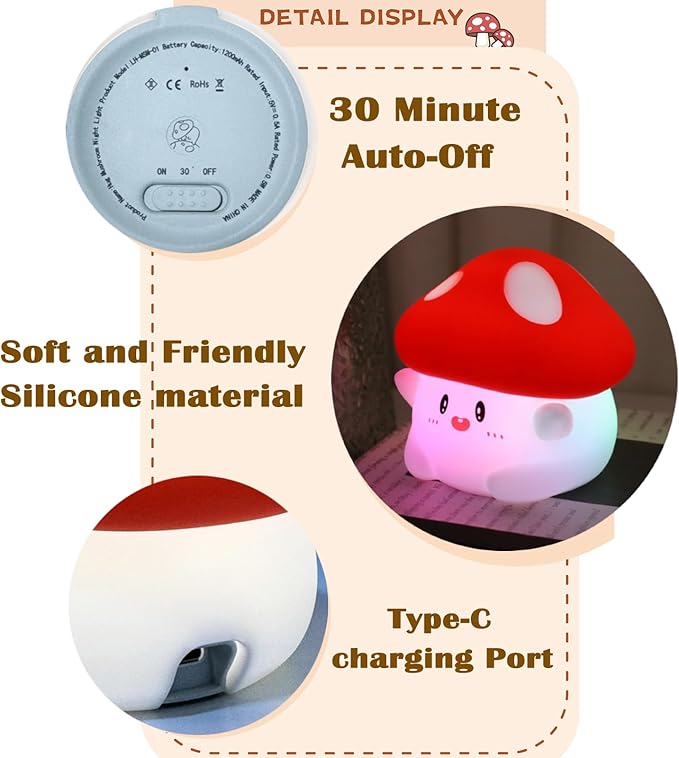 Mushroom Night Light with Squishy Soft Silicone, RGB Flashing Color, Dimmable Rechargeable Portable Touch Mushroom Gifts Decor for Girls Boys - Bloomnest