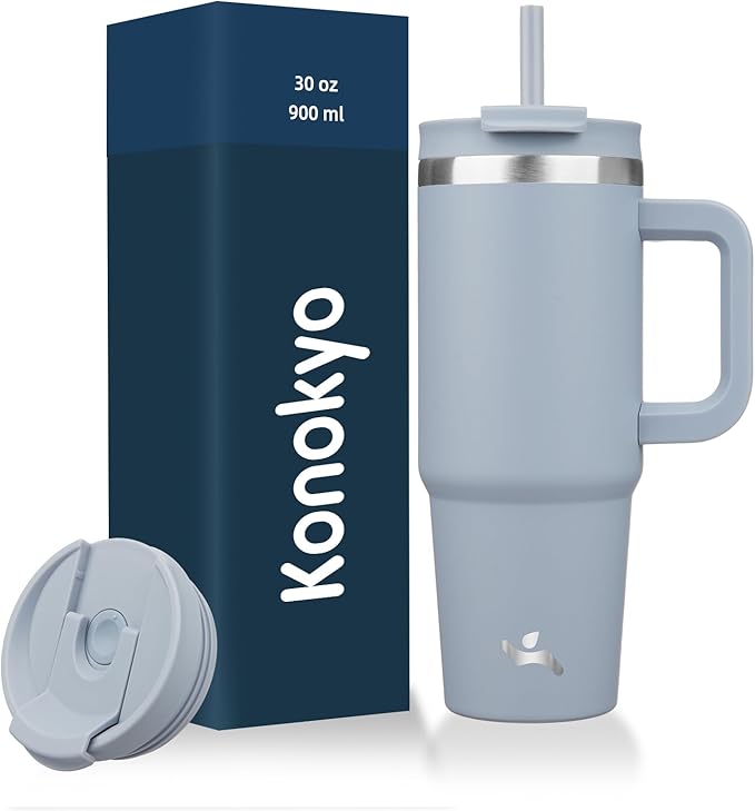 30 oz Tumbler with Handle and 2 Straws,2 in 1 Lid Insulated Water Bottle Stainless Steel Travel Coffee Mug,Lavender - Bloomnest