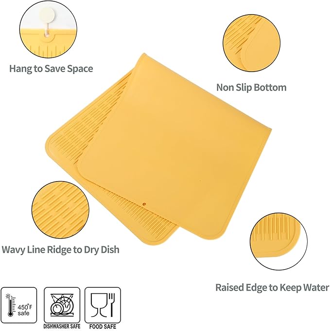 Silicone Dish Drying Mat for Multiple Usage,Easy clean,Eco-friendly,Heat-resistant Silicone Mat for Kitchen Counter or Sink,Refrigerator or Drawer Liner Yellow 5XL 36inches x 18inches - Bloomnest