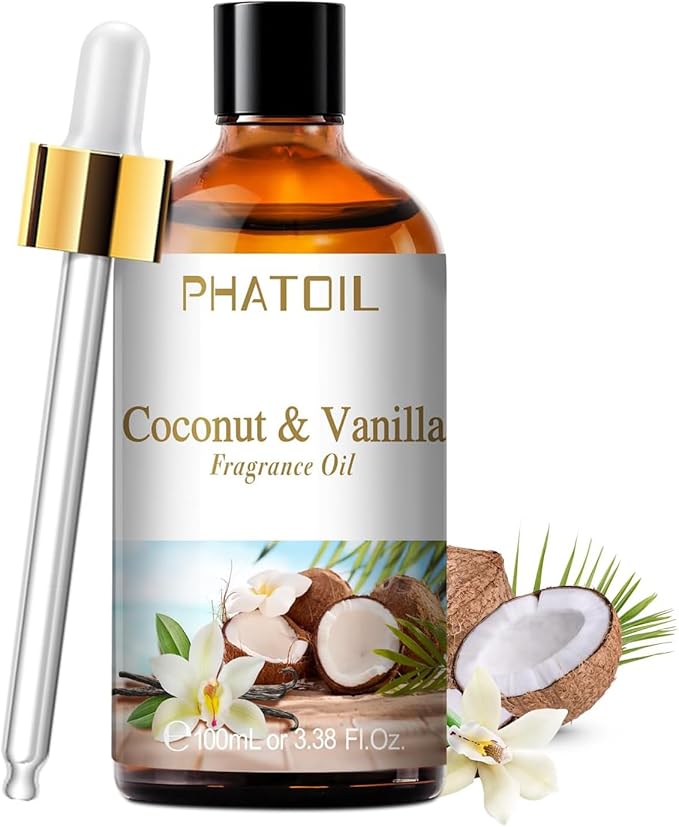 100ML/3.38fl.oz Coconut & Vanilla Fragrance Oils, PHATOIL Coconut & Vanilla Oil for Diffuser, Humidifier, Scented Oils for DIY Soap, Candle Making with Premium Glass Dropper PHATOIL